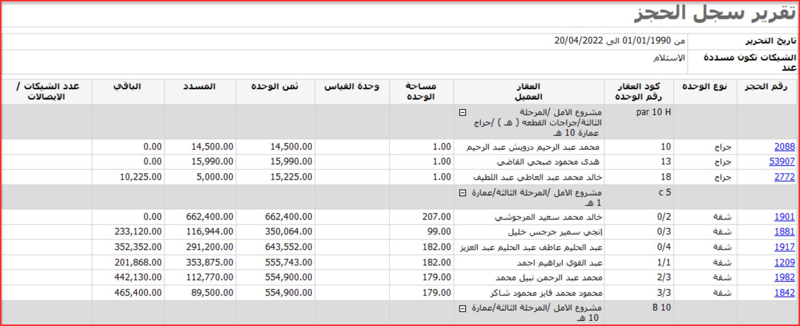 تقرير سجل الحجز